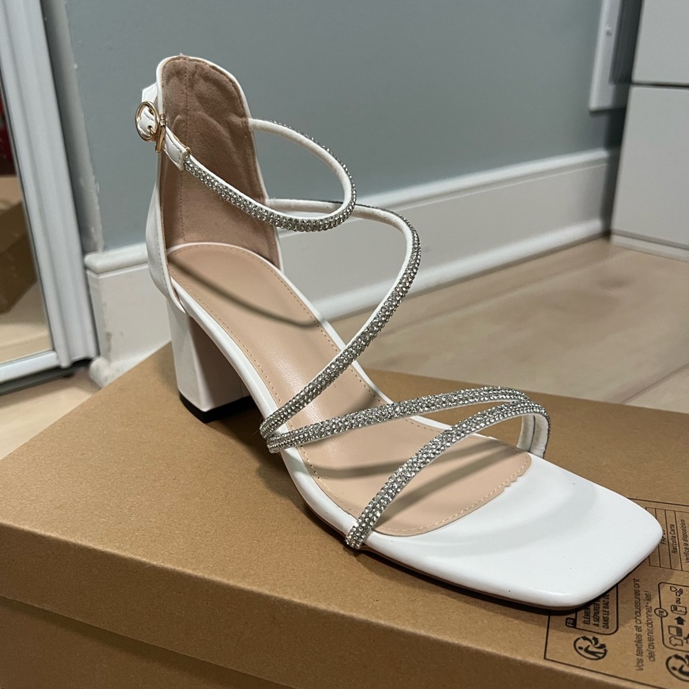 White Heels With Sliver Rhinestones Straps